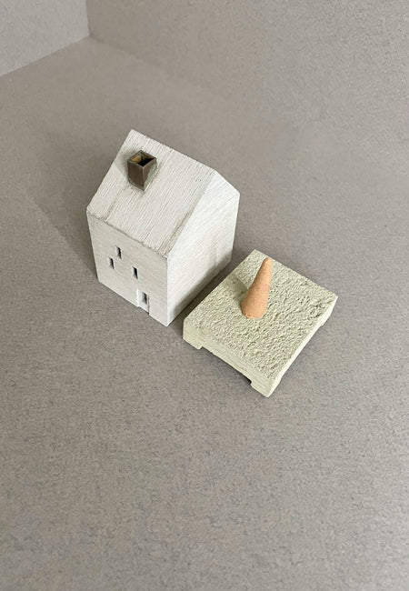 This concrete HOUSE object is an incense burner made of mortar. High Tea with Mrs Woo presents Pull+Push, made by Nobuhiro Sato and his small team in Kyoto, Japan. Crafted Object. Incense Holder.