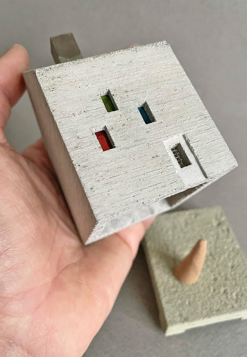 This concrete HOUSE object is an incense burner made of mortar. High Tea with Mrs Woo presents Pull+Push, made by Nobuhiro Sato and his small team in Kyoto, Japan. Crafted Object. Incense Holder.