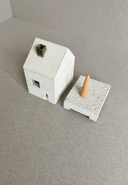 This concrete HOUSE object is an incense burner made of mortar. High Tea with Mrs Woo presents Pull+Push, made by Nobuhiro Sato and his small team in Kyoto, Japan. Crafted Object. Incense Holder.