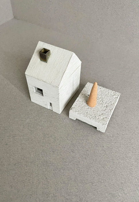 This concrete HOUSE object is an incense burner made of mortar. High Tea with Mrs Woo presents Pull+Push, made by Nobuhiro Sato and his small team in Kyoto, Japan. Crafted Object. Incense Holder.