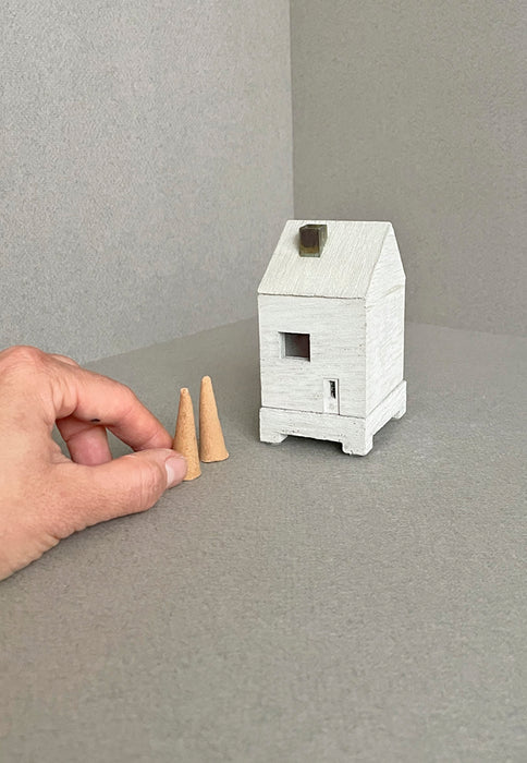 This concrete HOUSE object is an incense burner made of mortar. High Tea with Mrs Woo presents Pull+Push, made by Nobuhiro Sato and his small team in Kyoto, Japan. Crafted Object. Incense Holder.