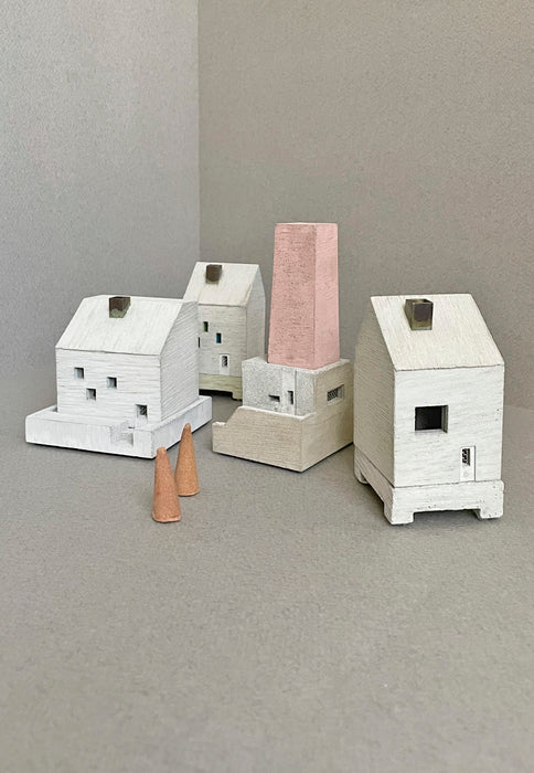 This concrete COTTAGE object is an incense burner made of mortar. High Tea with Mrs Woo presents Pull+Push, made by Nobuhiro Sato and his small team in Kyoto, Japan. Crafted Object. Incense Holder.