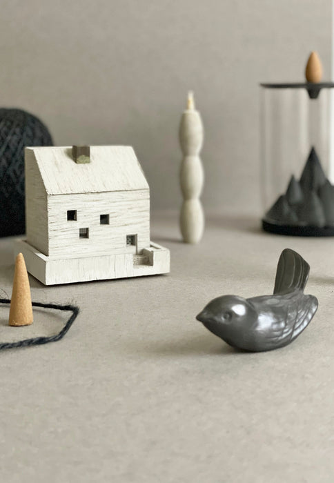 This concrete COTTAGE object is an incense burner made of mortar. High Tea with Mrs Woo presents Pull+Push, made by Nobuhiro Sato and his small team in Kyoto, Japan. Crafted Object. Incense Holder.