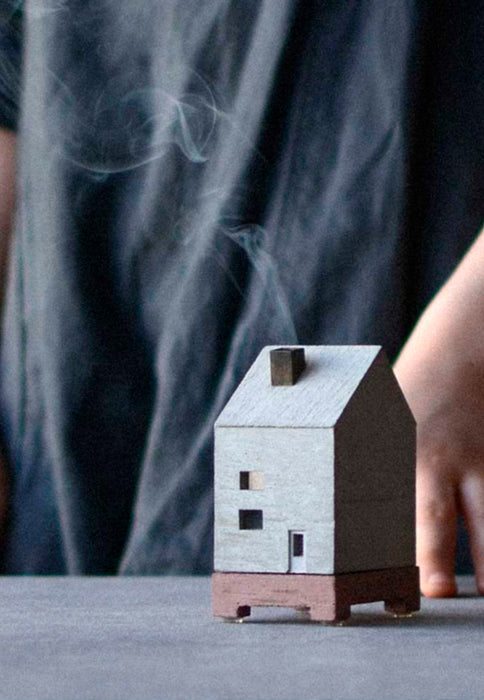 This concrete HOUSE object is an incense burner made of mortar. High Tea with Mrs Woo presents Pull+Push, made by Nobuhiro Sato and his small team in Kyoto, Japan. Crafted Object. Incense Holder.