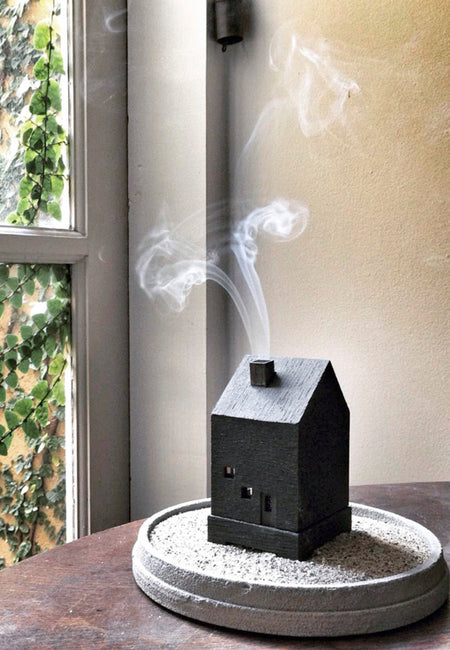 This concrete HOUSE object is an incense burner made of mortar. High Tea with Mrs Woo presents Pull+Push, made by Nobuhiro Sato and his small team in Kyoto, Japan. Crafted Object. Incense Holder.