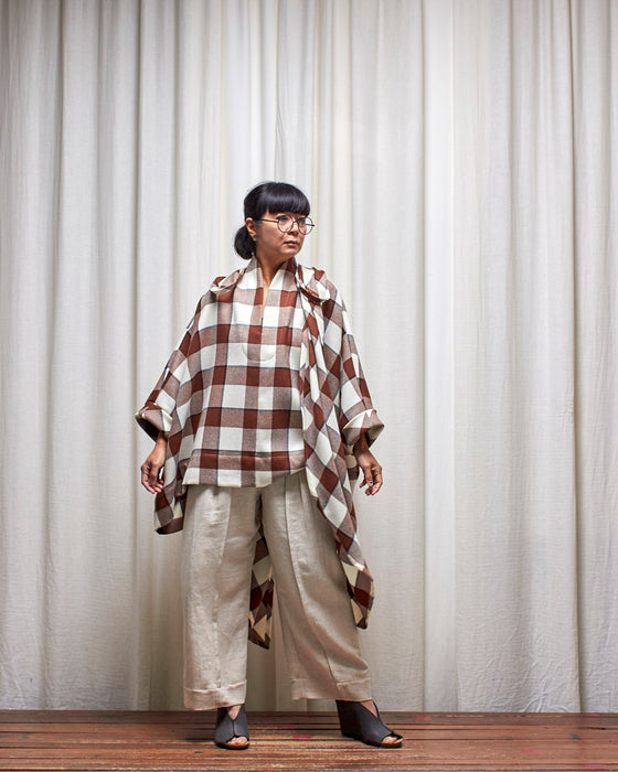 THE MESSENGER Poncho with Scarf - Wool Chocolate Check