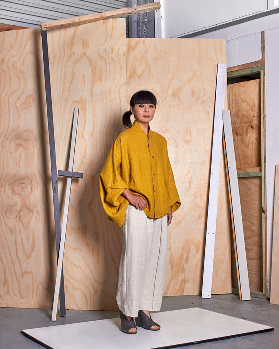 THE REBELLION mandarin dust coat - Goldenrod Linen