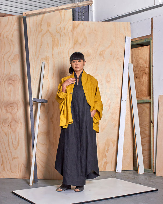 THE REBELLION mandarin dust coat - Goldenrod Linen