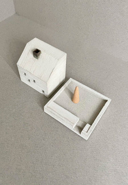 This concrete COTTAGE object is an incense burner made of mortar. High Tea with Mrs Woo presents Pull+Push, made by Nobuhiro Sato and his small team in Kyoto, Japan. Crafted Object. Incense Holder.