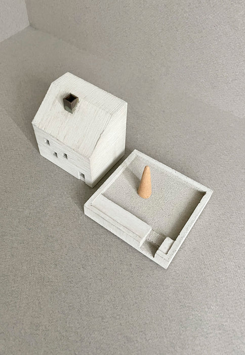 This concrete COTTAGE object is an incense burner made of mortar. High Tea with Mrs Woo presents Pull+Push, made by Nobuhiro Sato and his small team in Kyoto, Japan. Crafted Object. Incense Holder.