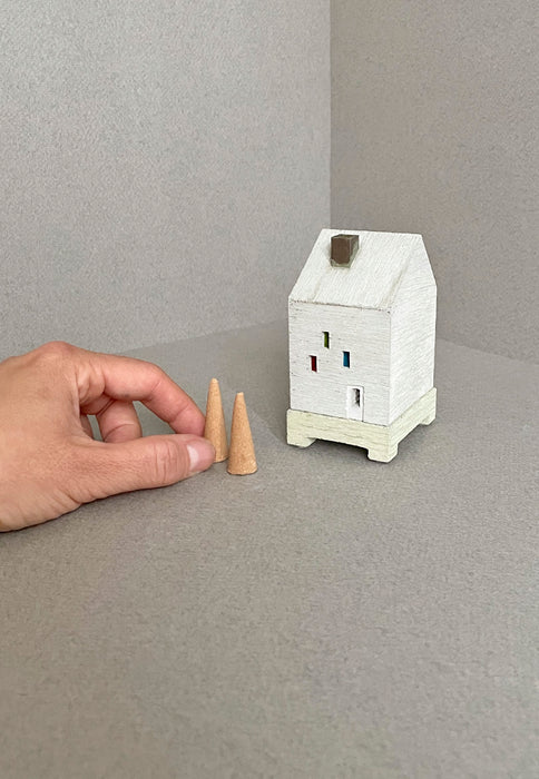This concrete HOUSE object is an incense burner made of mortar. High Tea with Mrs Woo presents Pull+Push, made by Nobuhiro Sato and his small team in Kyoto, Japan. Crafted Object. Incense Holder.
